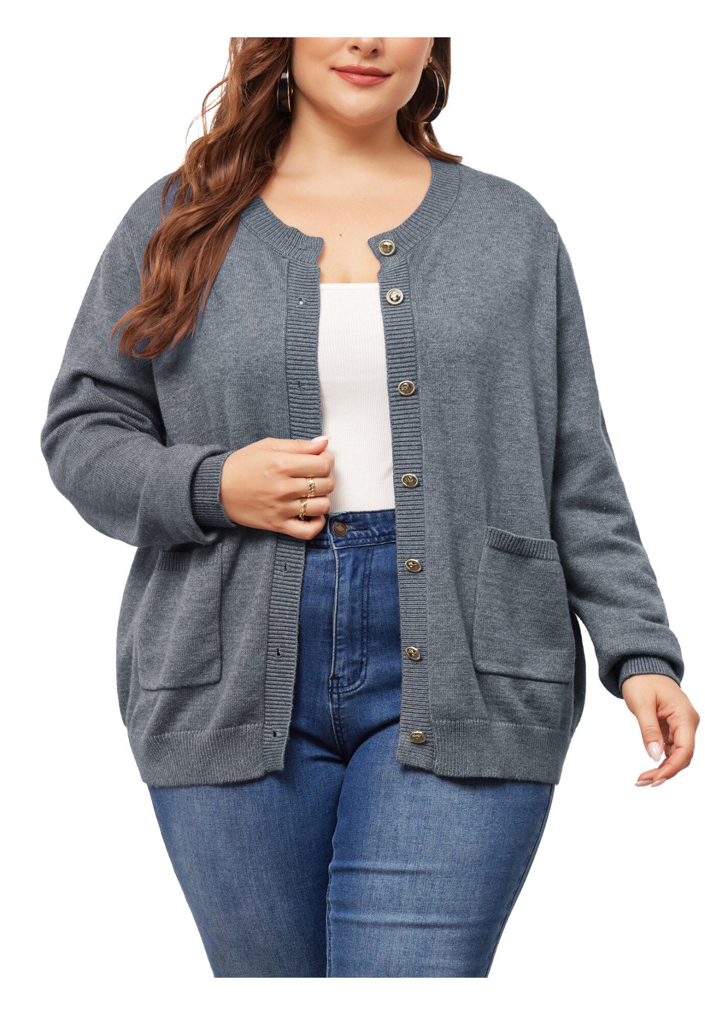Button Down Crew Neck Sweater Knit Cardigan, Gray / Charcoal Grey, alternate image number 1