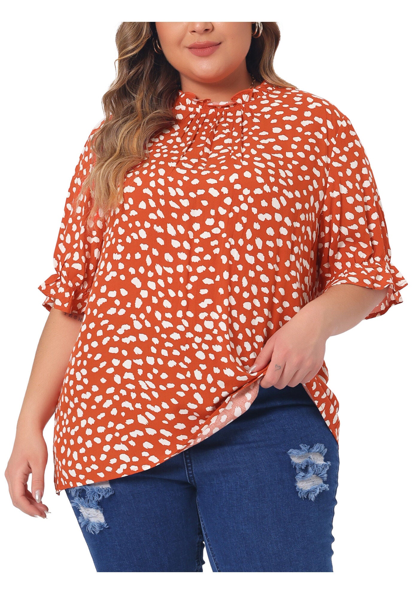 Polka Dots Printed Short Sleeve Ruffle Mock Neck Blouse, Orange / Orange, alternate image number 1