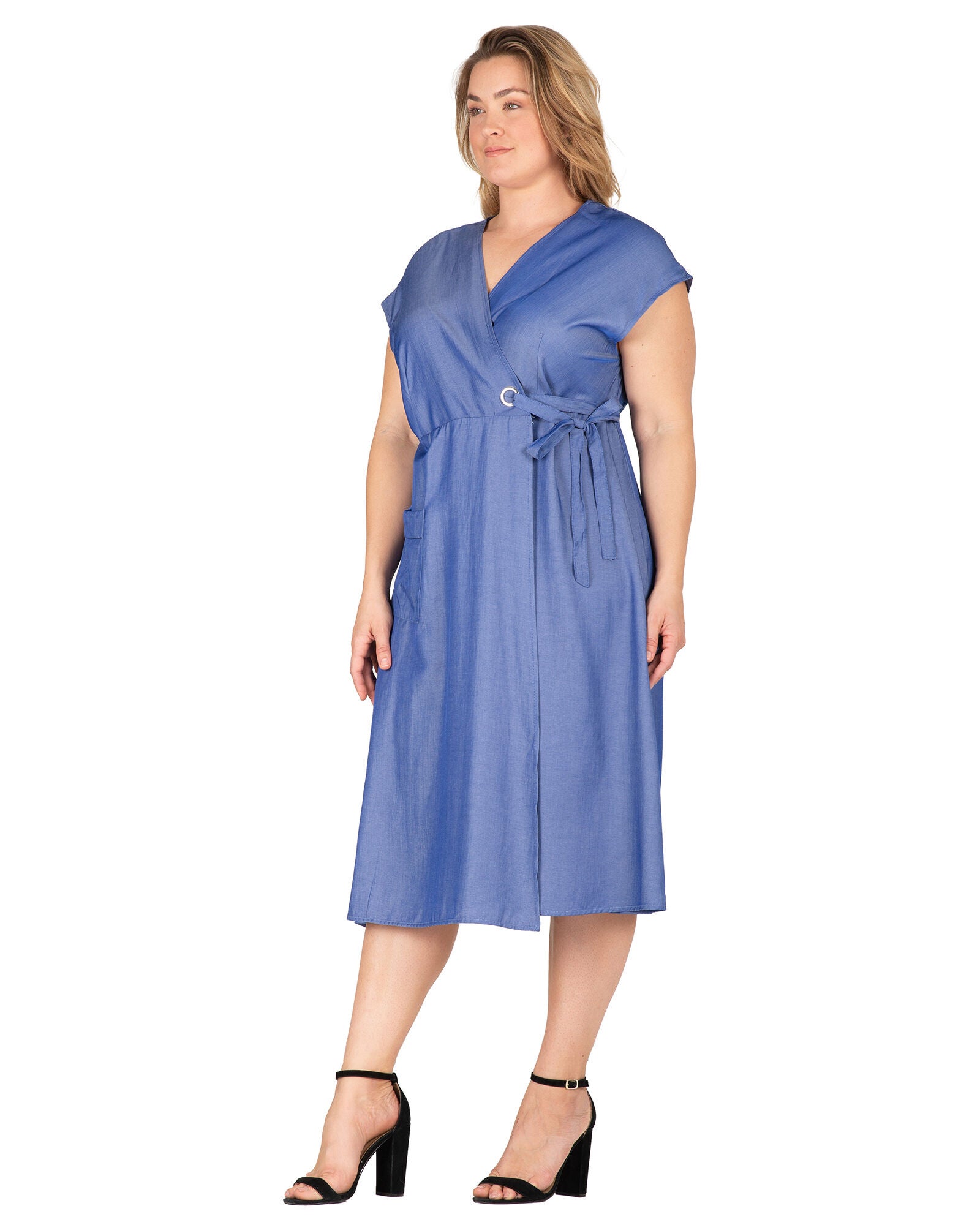Hazel Women&#39;s Kimono Cap Sleeves Midi Wrap Dress, Indigo / Light Blue, alternate image number 3