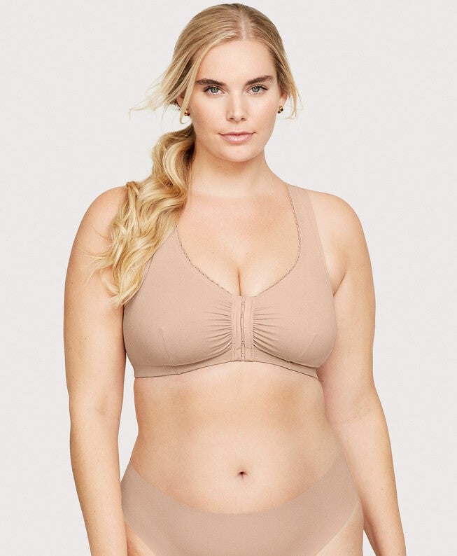 Front-Closure Cotton T-Back Comfort Bra, Cafe / Tan, hi-res image number 0