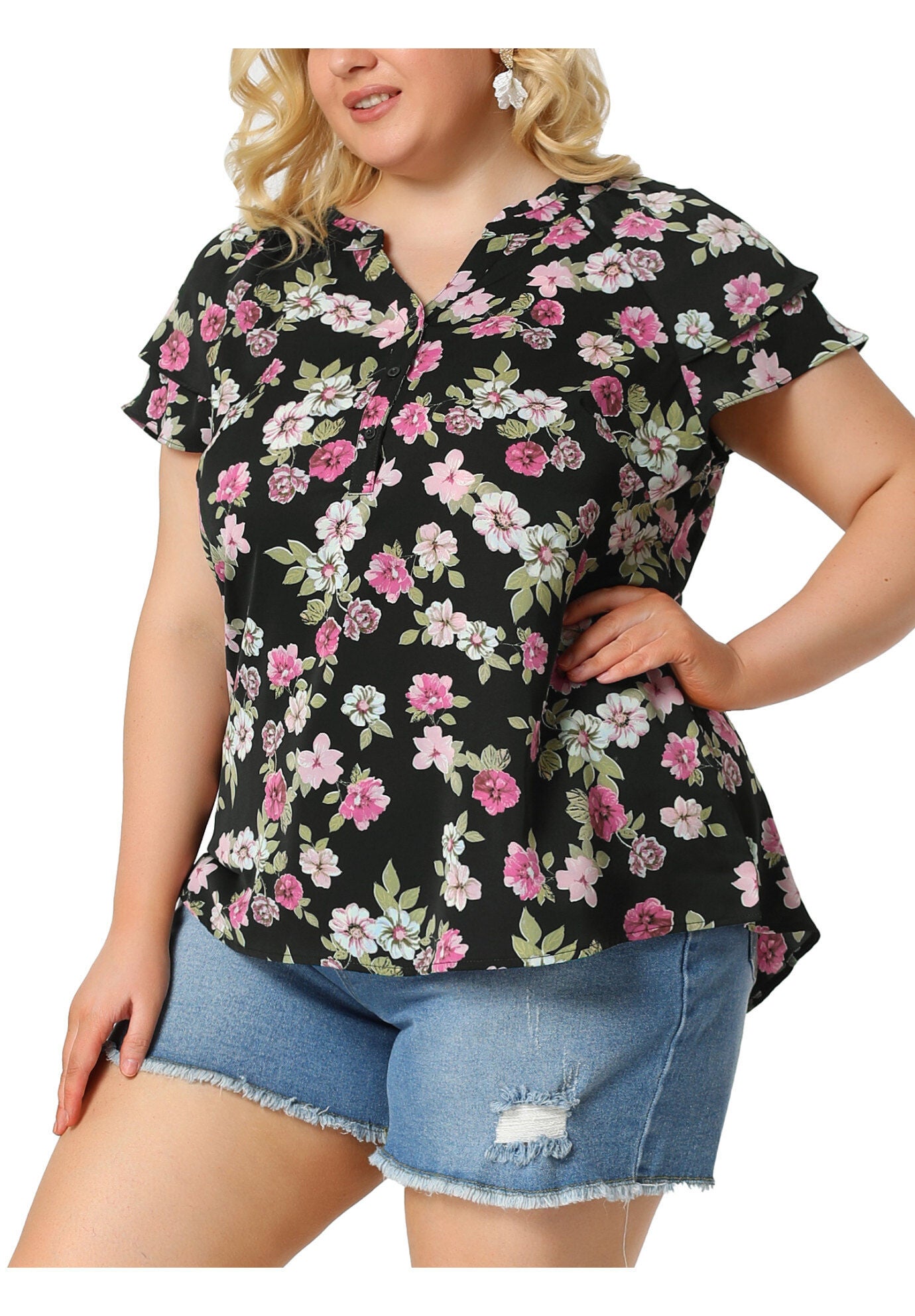 Floral Ruffle Trim V Neck Layered Sleeve Blouse, Black / Black, alternate image number 4