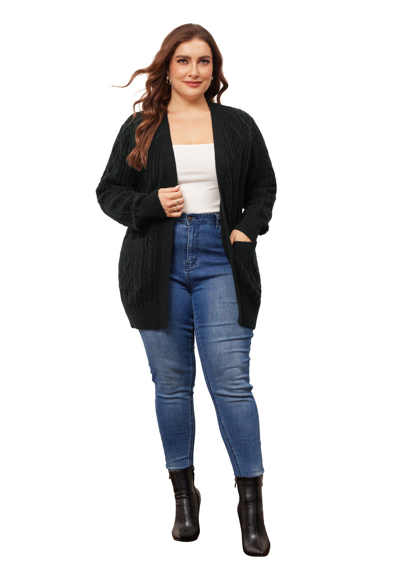 OPEN FRONT LIGHTWEIGHT SWEATER CARDIGAN WITH POCKETS, Black / Black, hi-res image number 0
