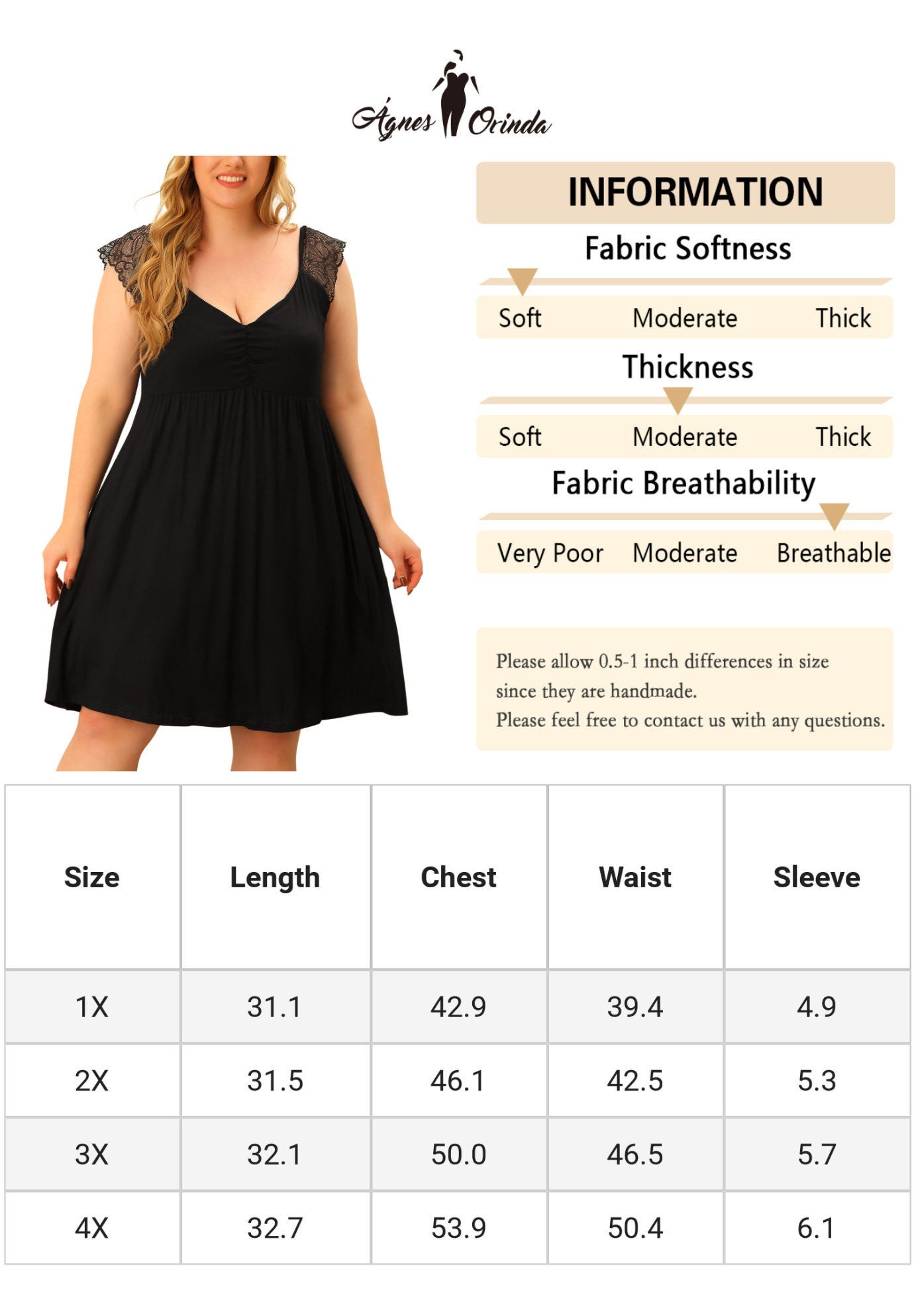 V NECK LACE CAP SLEEVE SLEEP DRESS, Black / Black, alternate image number 4