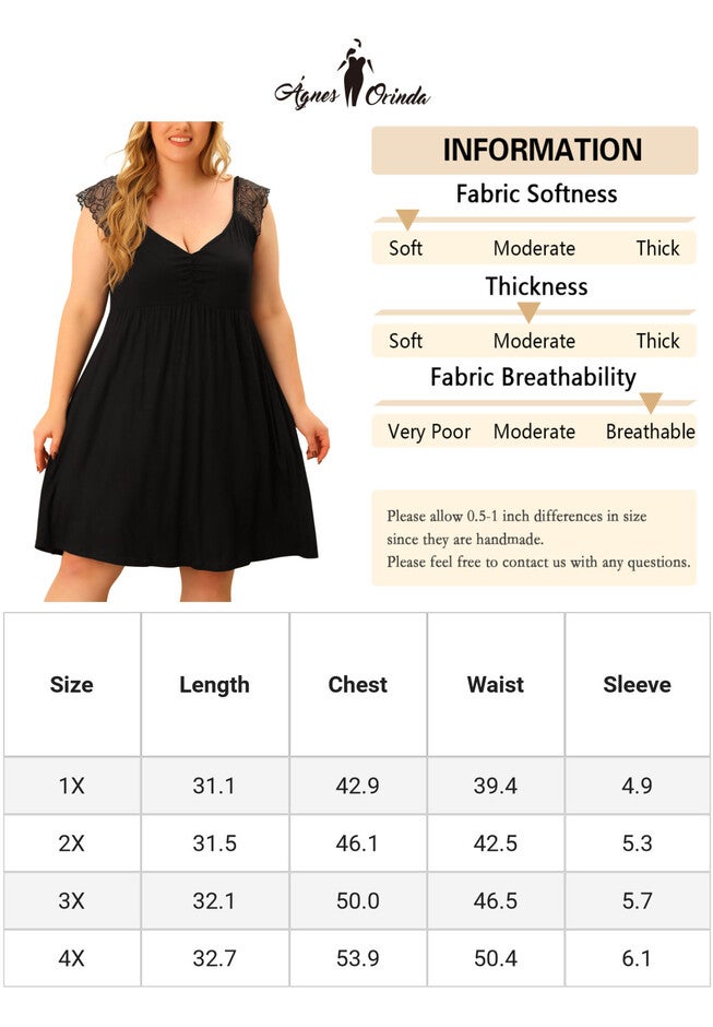 V NECK LACE CAP SLEEVE SLEEP DRESS, Black / Black, alternate image number 4
