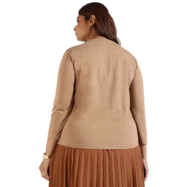 Women Solid Quarter Sleeve Round neck Top, Brown / Brown, alternate image number 2