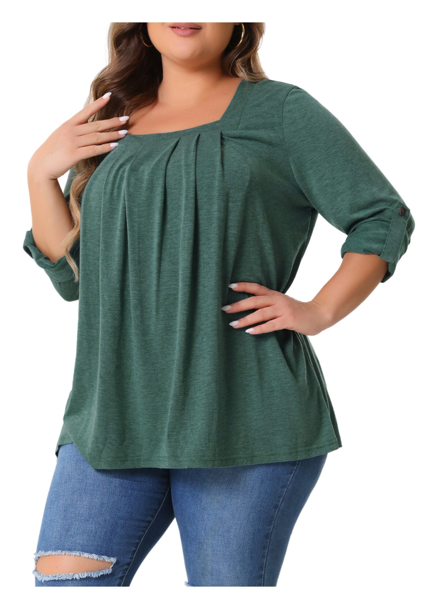 Square Neck Flowy Pleated Loose Fit Tunic Top, Green / Hunter Green, alternate image number 1