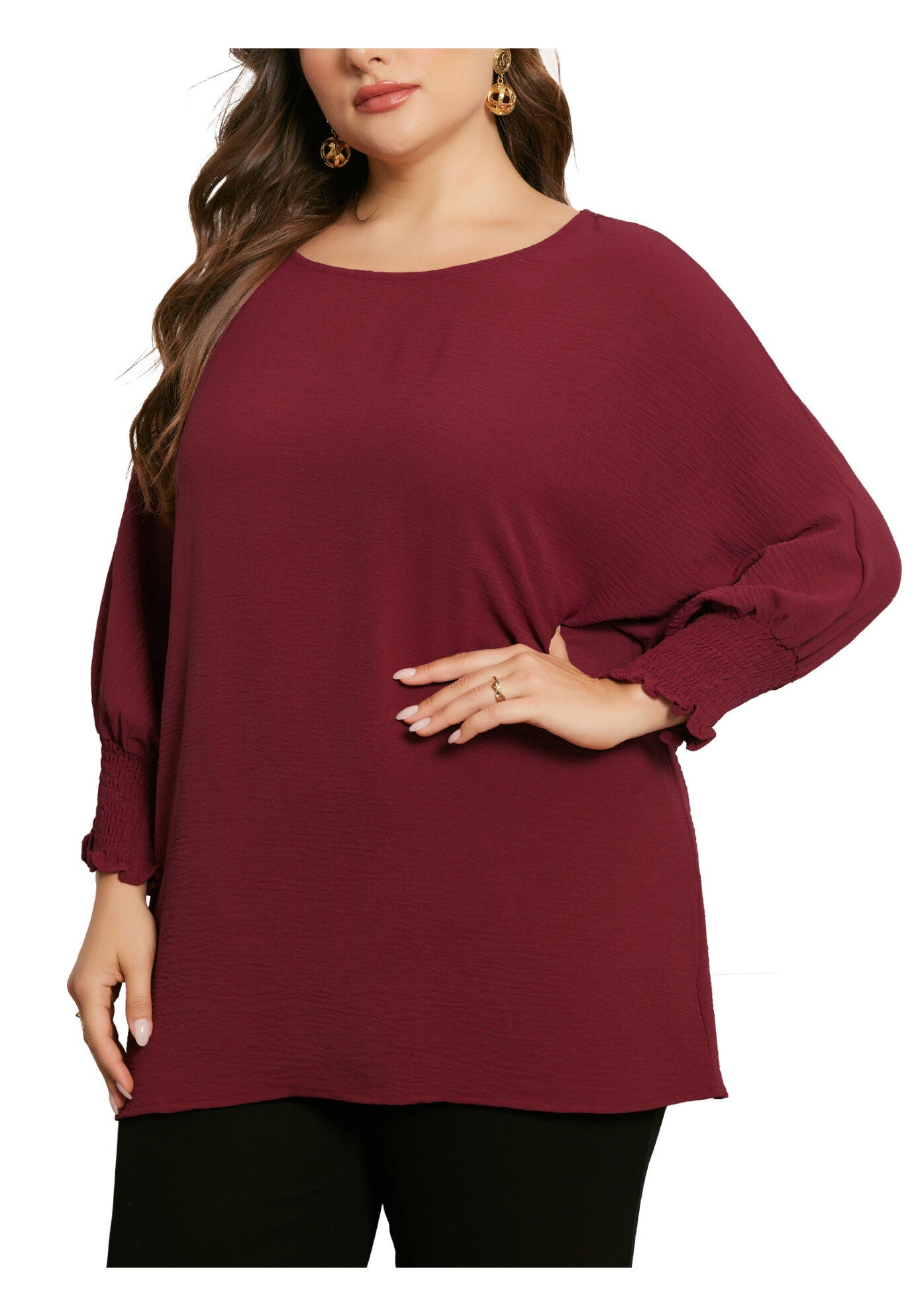 Chiffon Top Batwing Ruffle Long Sleeve Loose T-Shirt Blouse, Burgundy / Burgundy, alternate image number 2