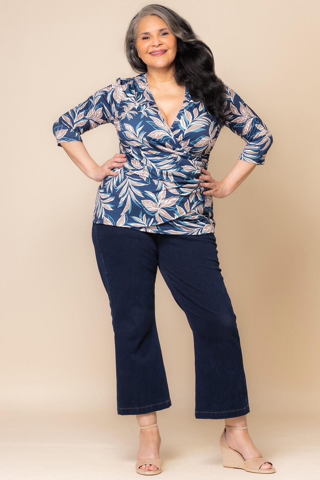 Femme Fatale Faux Wrap Top, Teal Botanical Print / Teal, alternate image number 5