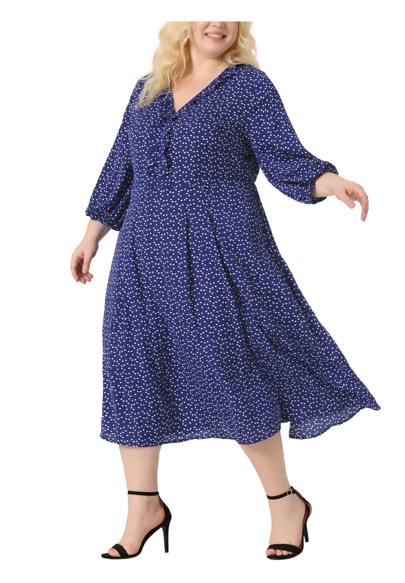 3/4 Sleeve Sweetheart Print Midi Ruffle Dress, Blue / Chambray Denim Medium, alternate image number 2