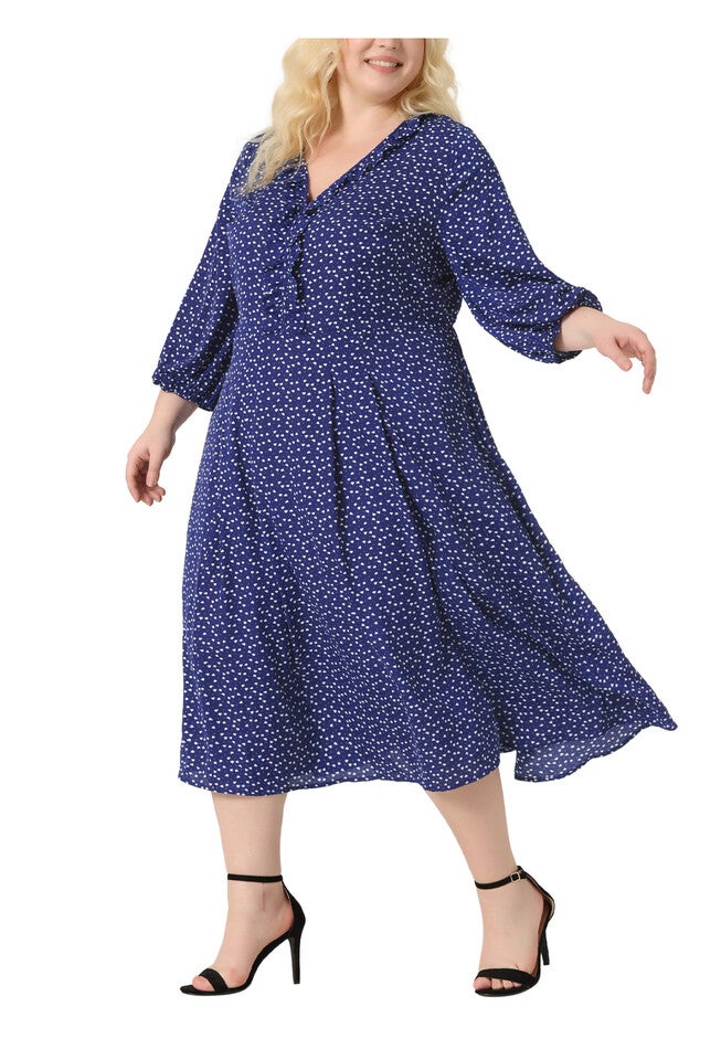 3/4 Sleeve Sweetheart Print Midi Ruffle Dress, Blue / Chambray Denim Medium, alternate image number 2