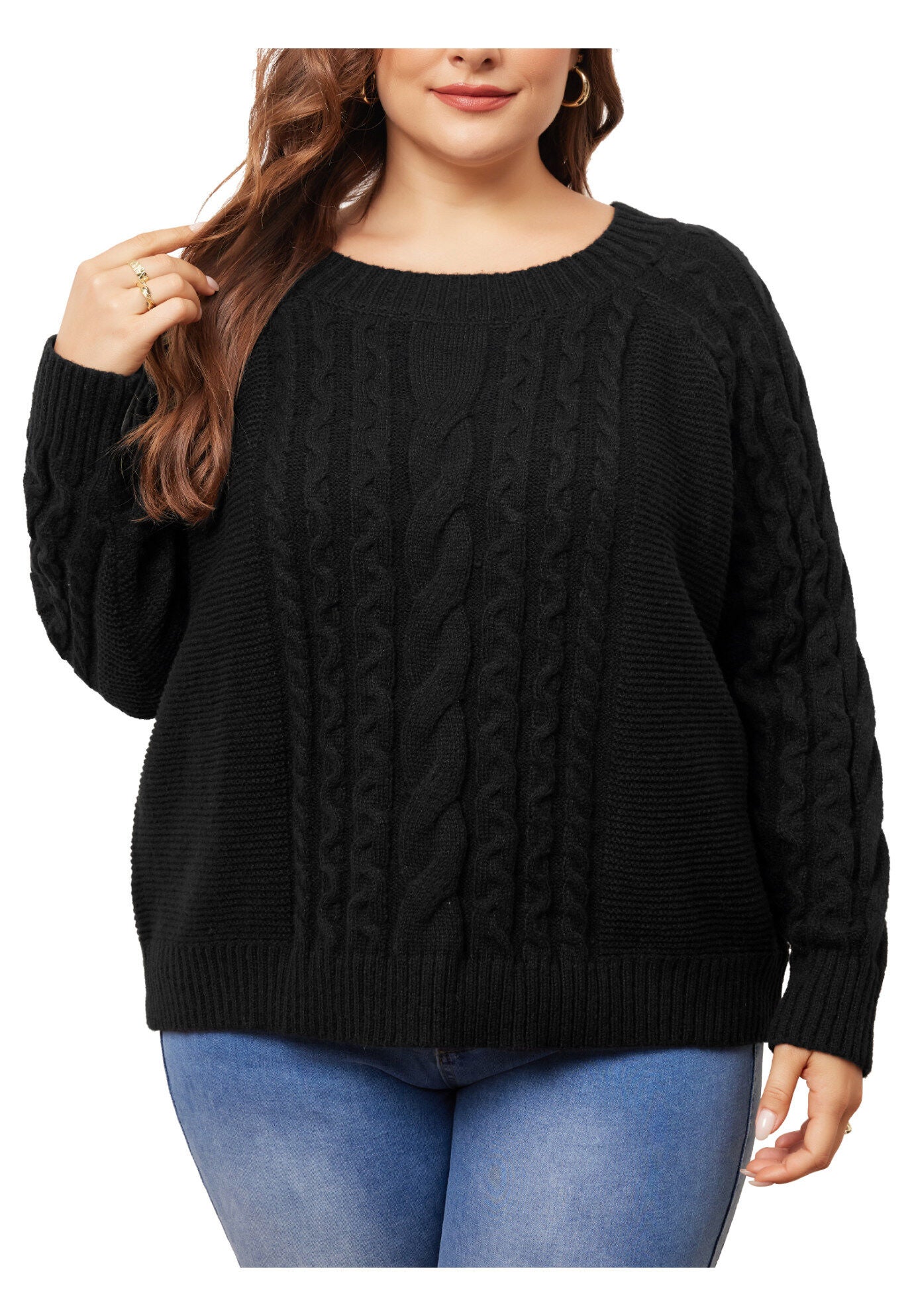 Long Sleeve Crewneck Fisherman Cable Pullover Sweater, Black / Black, alternate image number 1