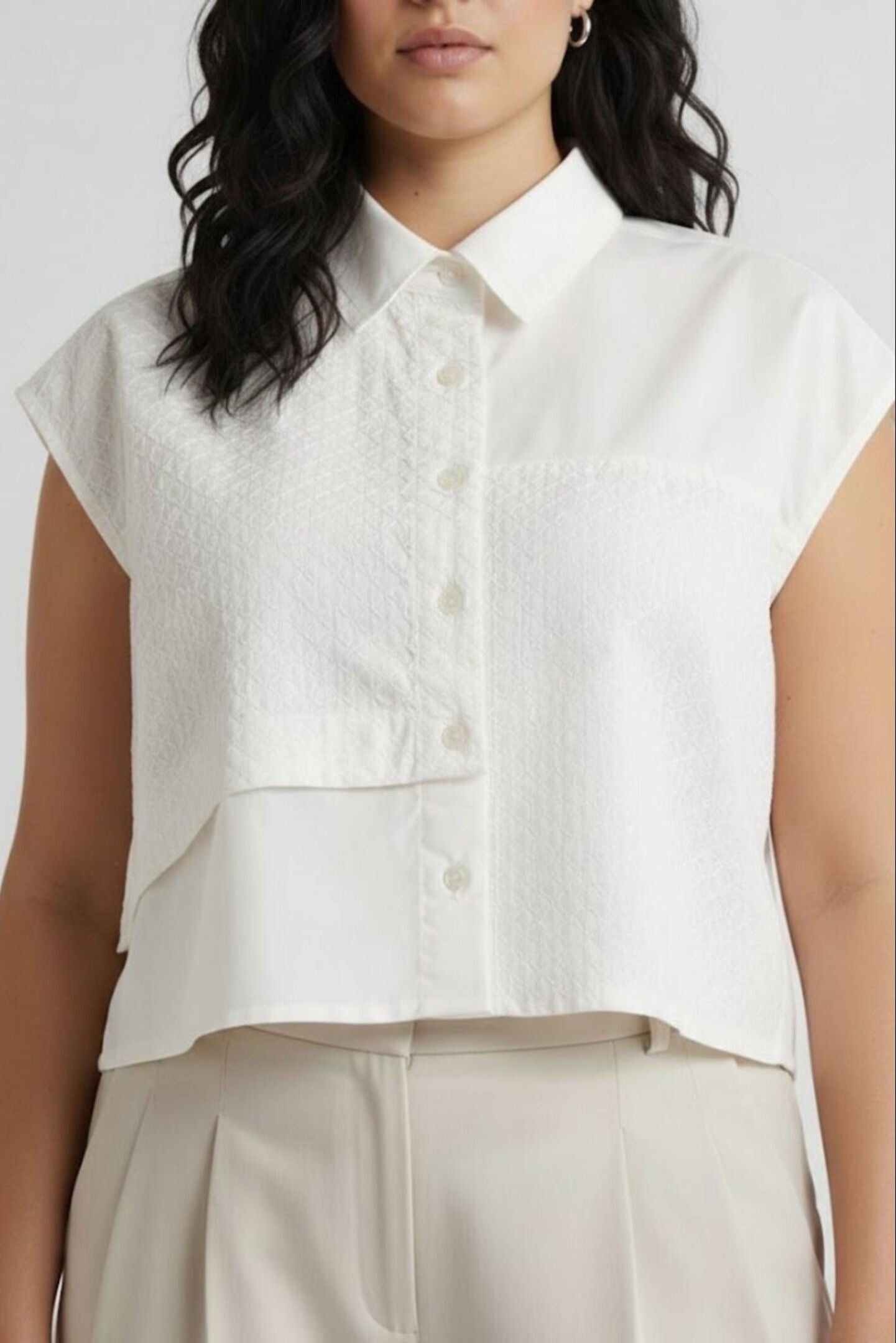 Oversized Embroidered Panel Crop Top in White, White organic cotton / White, alternate image number 1