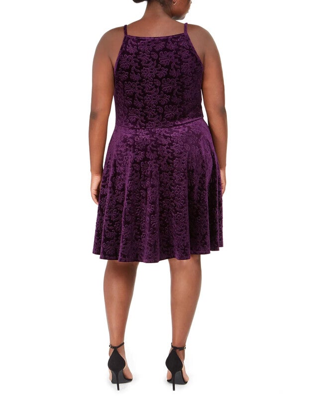 Jump Women's Trendy Plus Embossed Velvet Fit & Flare Dress Purple Size 1X, , alternate image number null