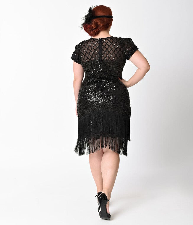 Unique Vintage 1920s Black Sequin Fringe Del Mar Flapper Dress, Black / Black, alternate image number 3
