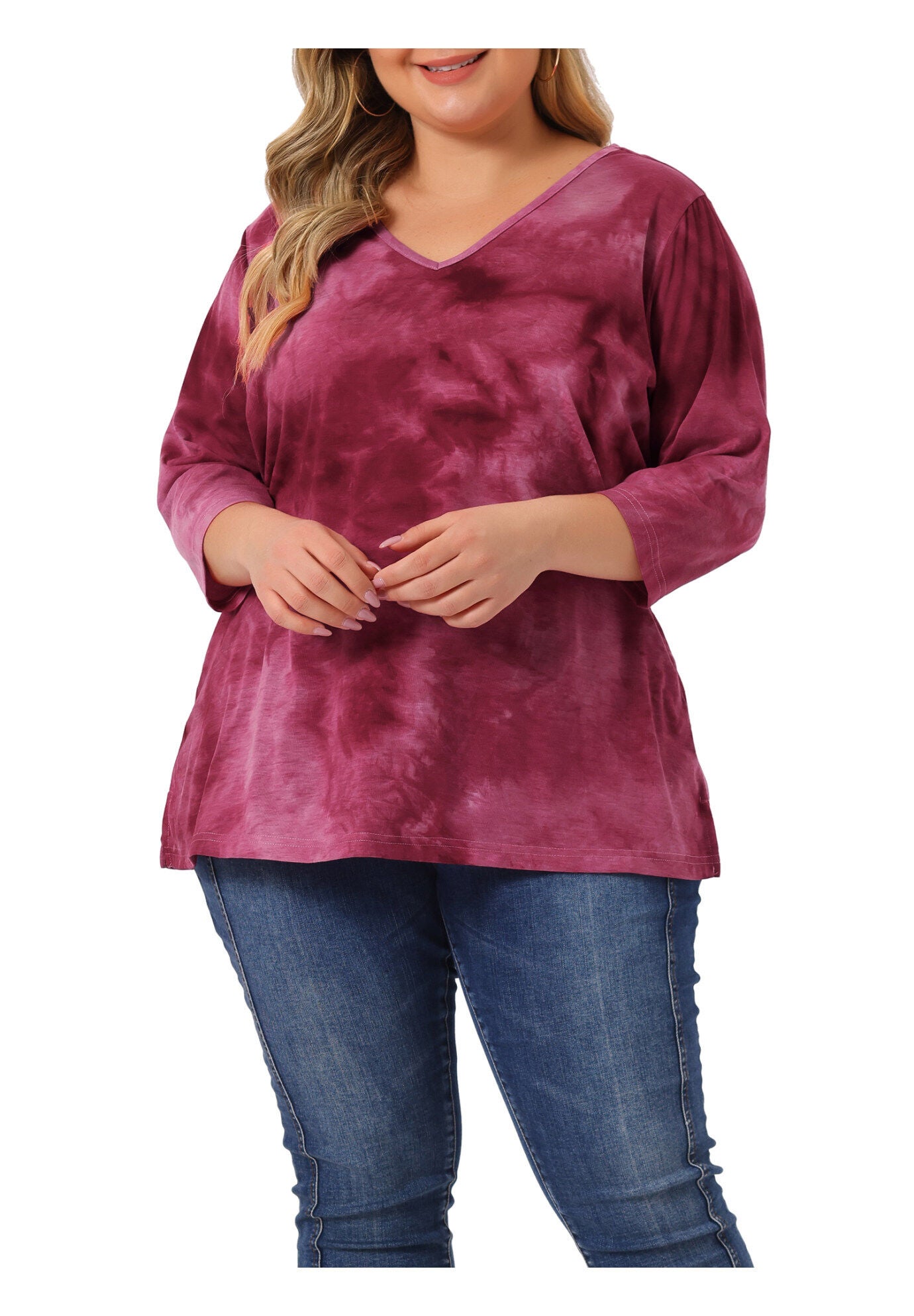 V Neck 3/4 Sleeve Loose Casual Striped Tie Dye Print T-Shirt Top, Hot Pink / Deep Fuchsia, alternate image number 1
