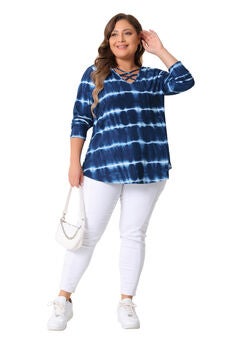 Criss Cross V Neck Long Sleeve Loose Tie Dye Tunic Blouse
