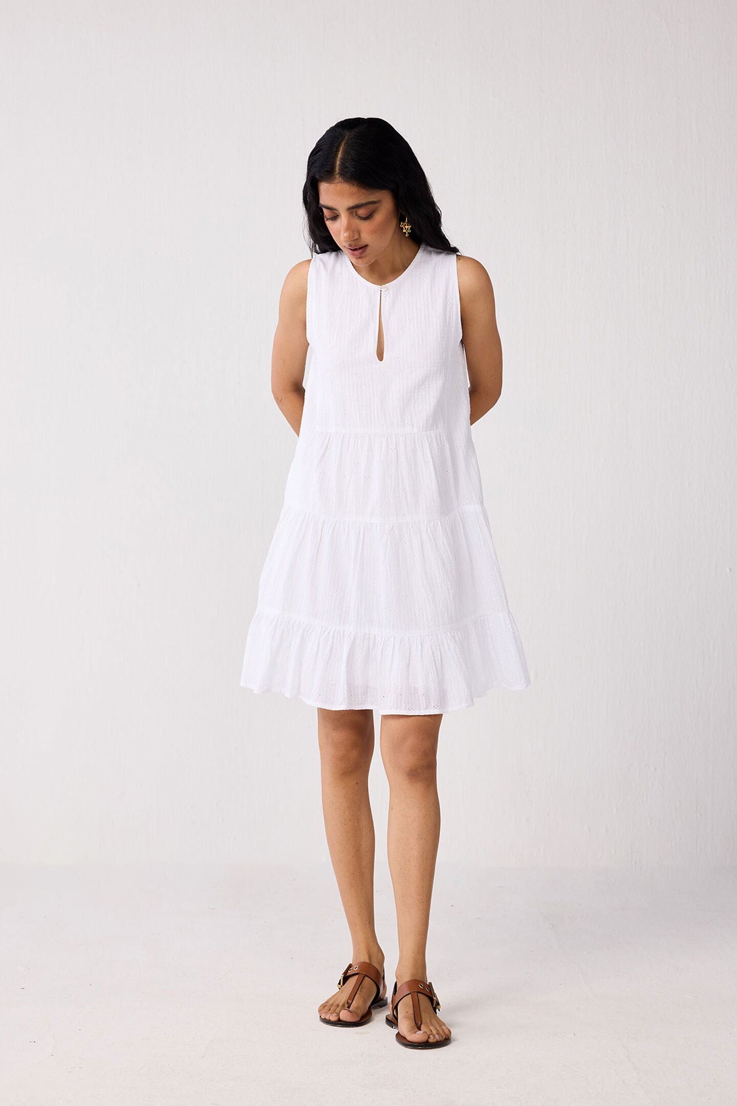 Embroidered Everyday Sleeveless Short Tiered Dress in White, Textured Eyelet in White / White, alternate image number 4
