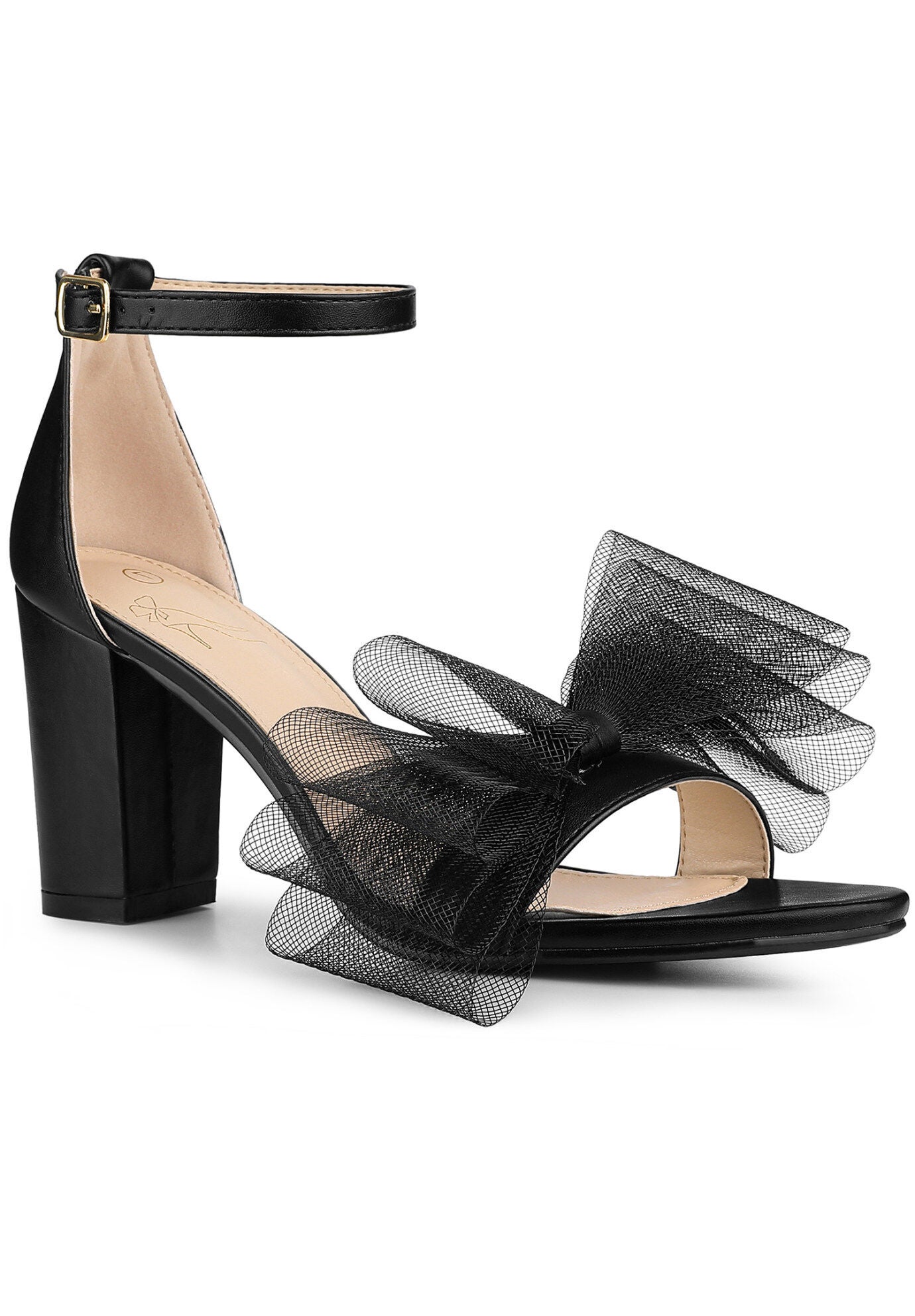 Bow Tie Ankle Strap Chunky High Heels Sandals, Black / Black, hi-res image number 0