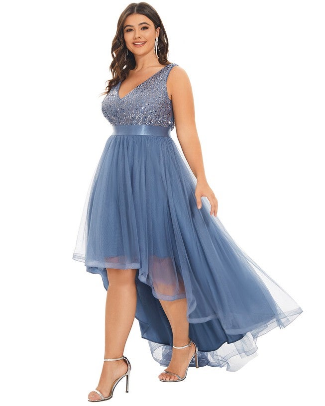 Sleeveless Sequin Ribbon Waist Tulle High Low Evening Dress, Black / Black, alternate image number 3