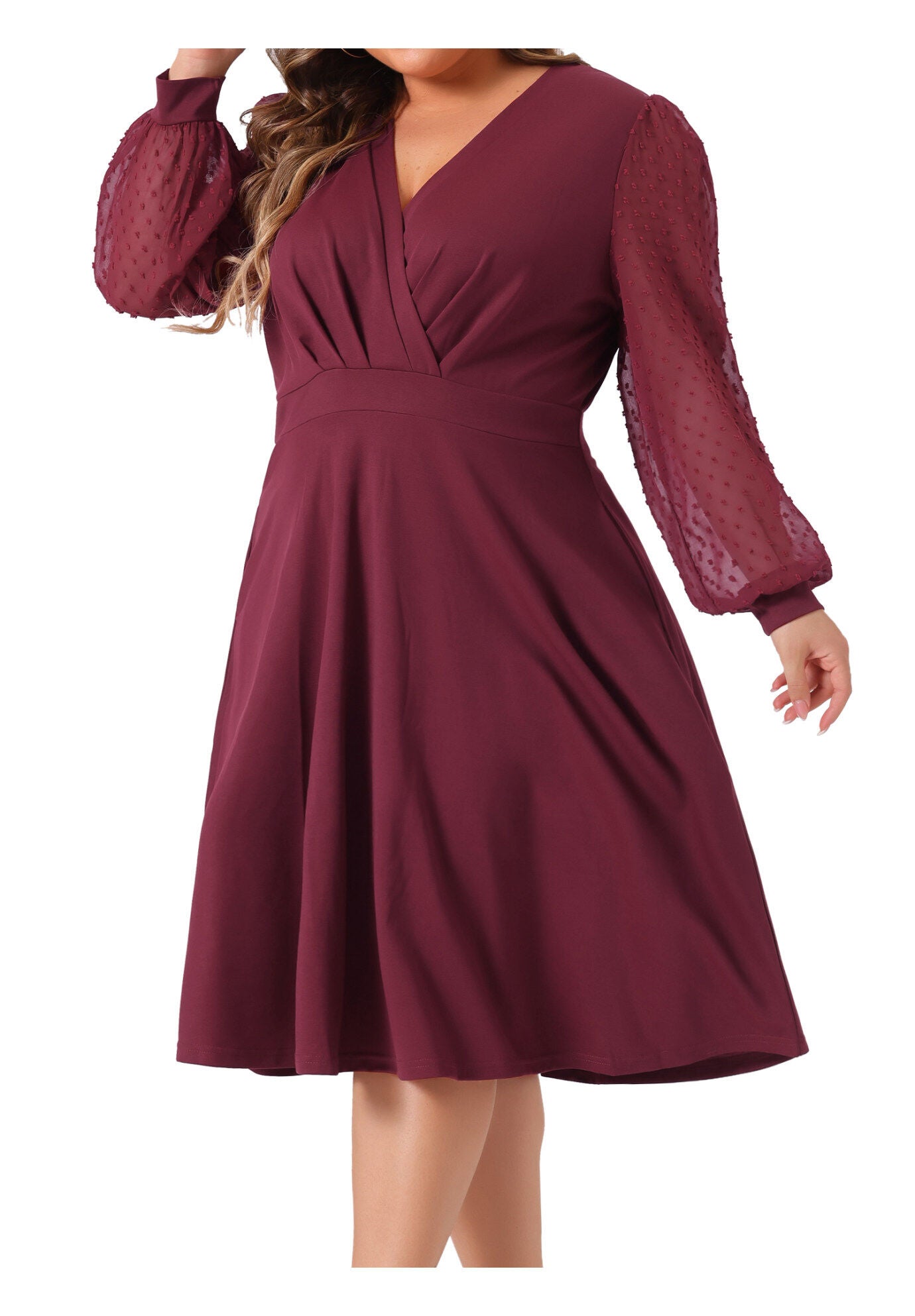 Long Sleeve Swiss Dots Formal Knee Length Dress, Burgundy / Burgundy, alternate image number 1