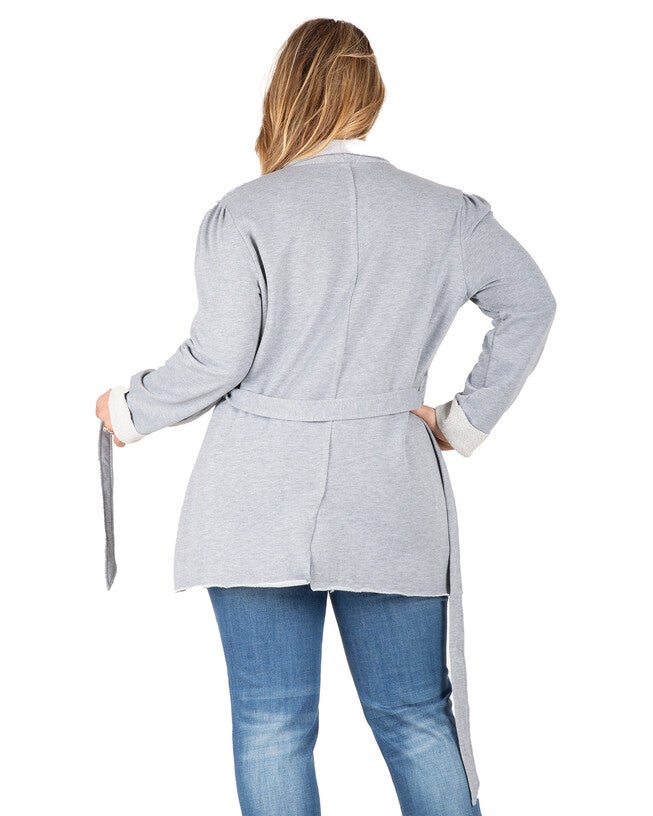 Reverse Trim Shawl Collared Self Tie Cardigan, HEATHERGREY / Light Grey, alternate image number 2