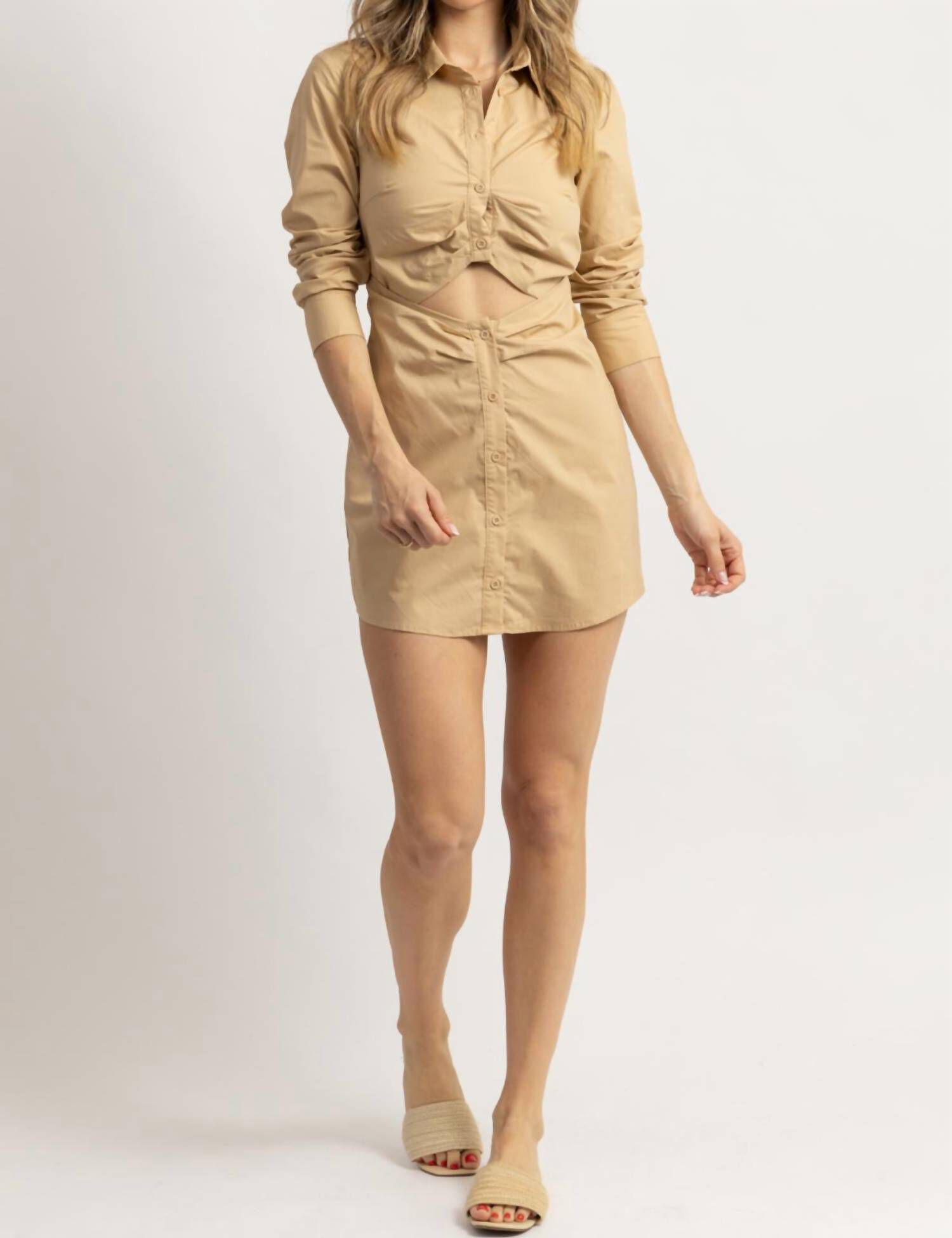 DANNI CUTOUT POPLIN SHIRT DRESS IN TAUPE, Taupe / Brown, hi-res image number 0