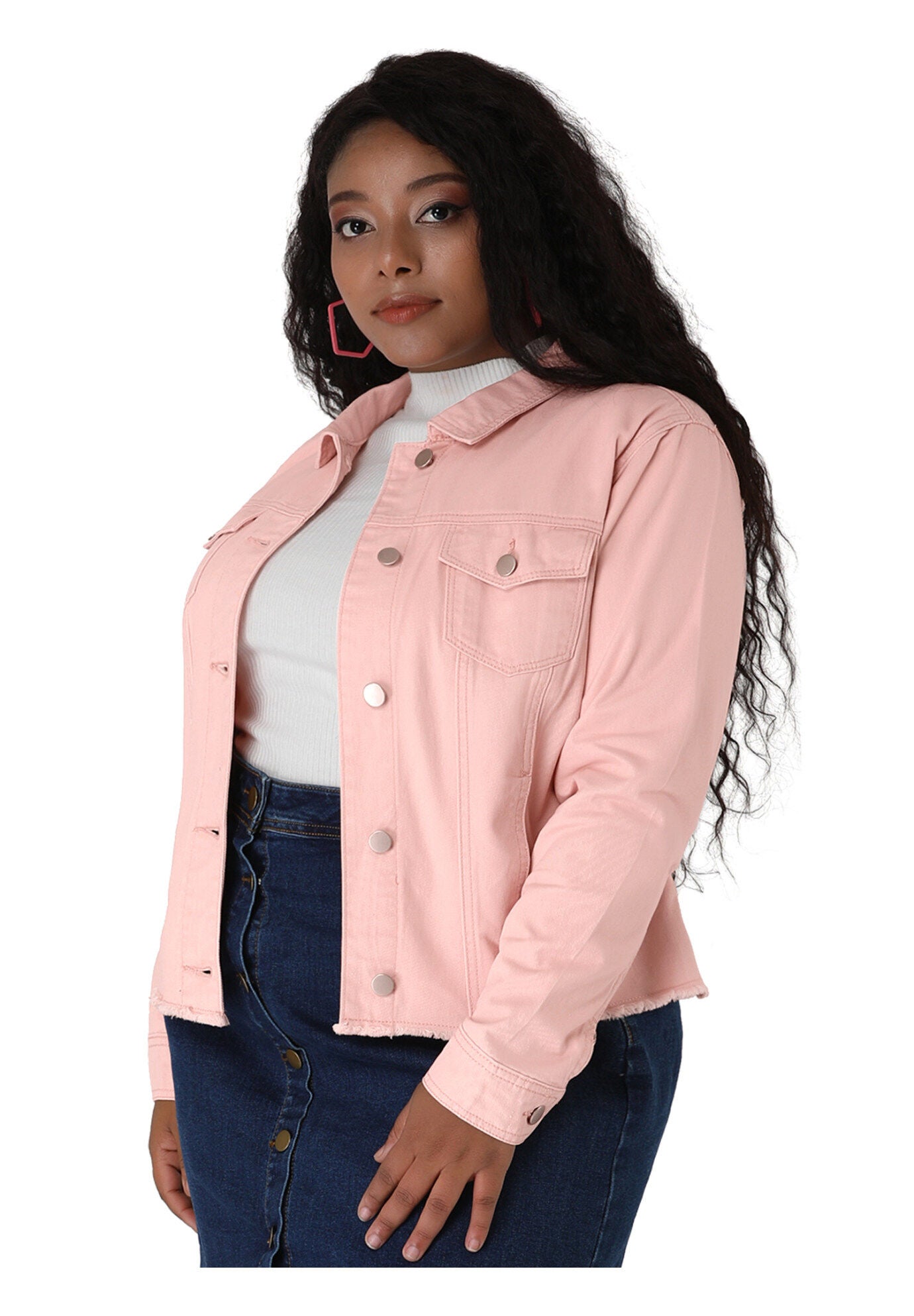 WASHED FRONT FRAYED DENIM JACKET, Pink / Pink, alternate image number 3