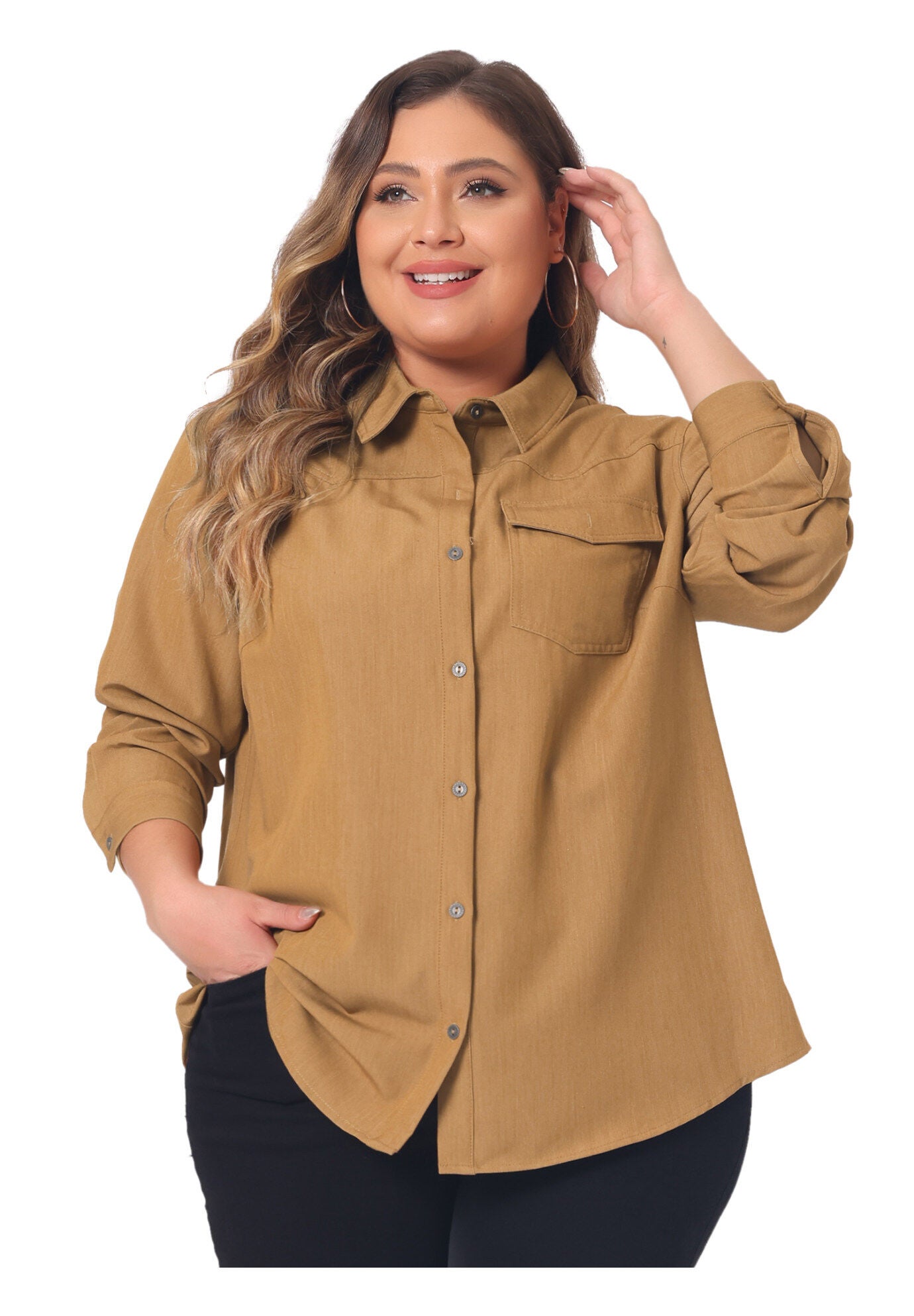 LONG SLEEVE CHEST POCKET DENIM CHAMBRAY SHIRT, Light Brown / Bronze, alternate image number 2