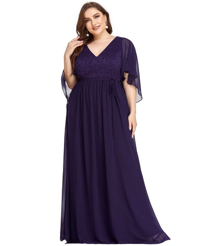 Deep V Neck Lace Bodice Long Flowy Evening Dress, Dark Purple / Purple, hi-res image number 0