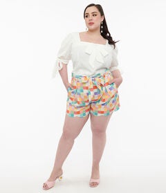 Unique Vintage 1940s Rainbow Pastel Check Cotton High Waist Shorts
