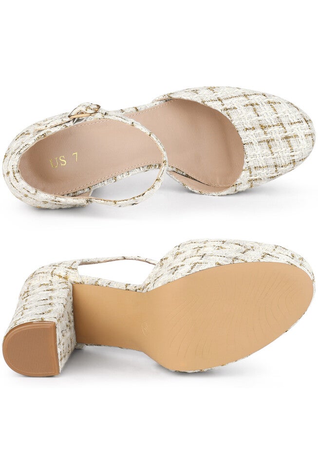 Round Toe Platform Tweed Chunky Heels Pumps, White Gold / Gold, alternate image number 3