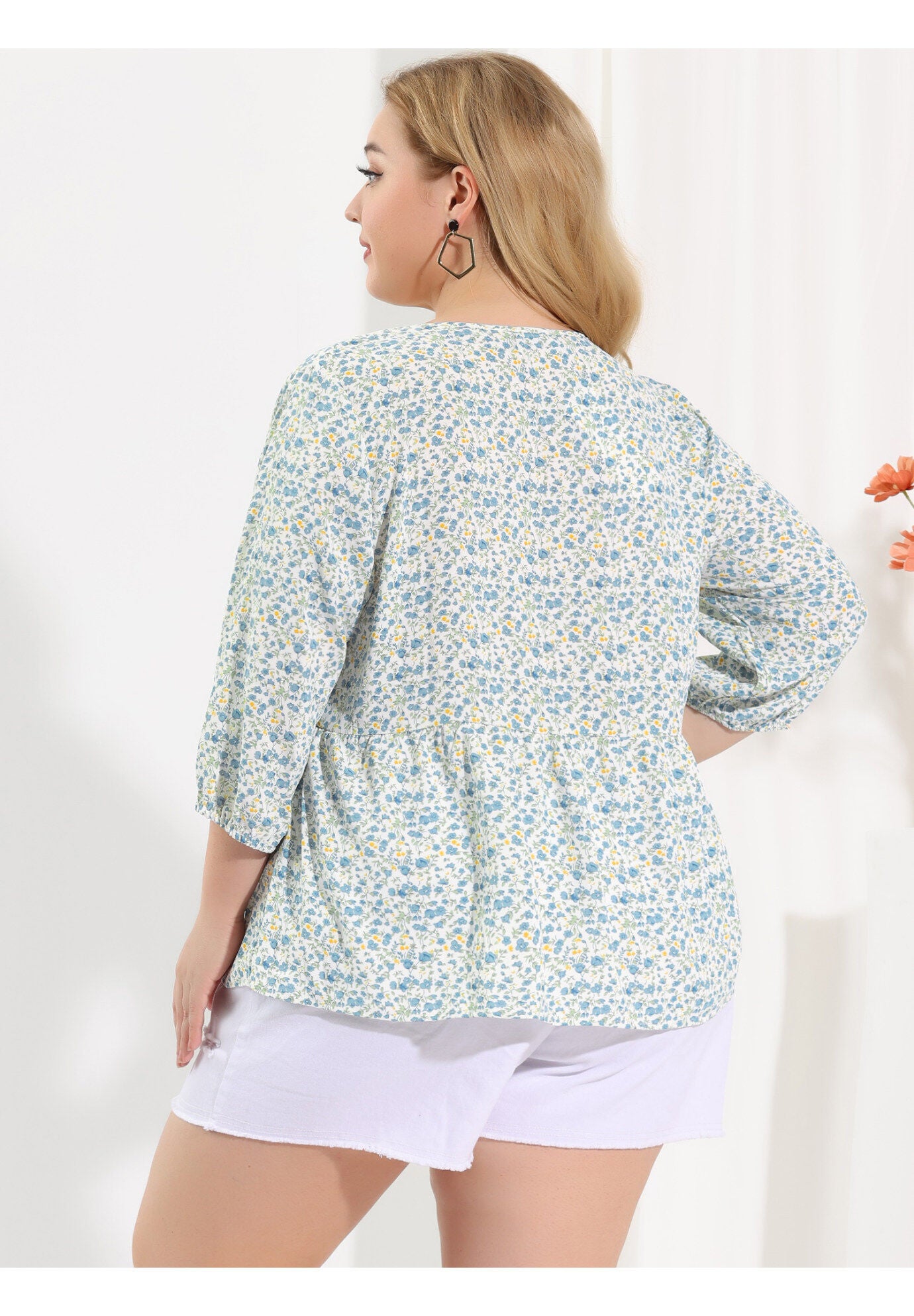 V Neck Babydoll Flowy 3/4 Lantern Sleeve Floral Blouse, White / White, alternate image number 3