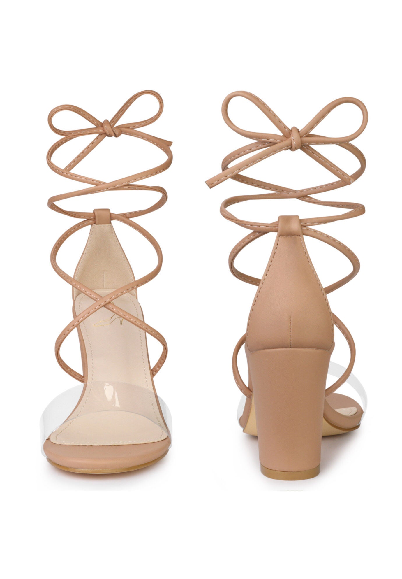 Lace Up Clear Strap Strappy Chunky Heel Sandals, Nude / Tan, alternate image number 1