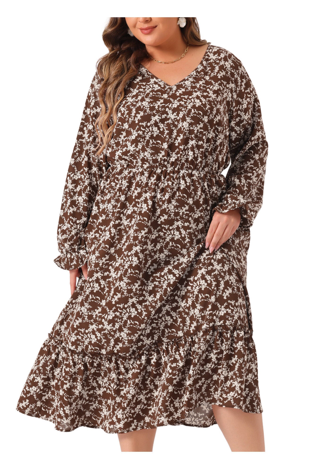 Boho Floral Print V Neck Long Sleeve Ruffle Hem Long Maxi Dress, Brown / Brown, alternate image number 4