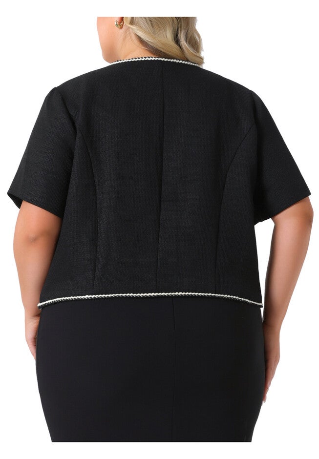 SHORT SLEEVE TWEED BUTTON DOWN BLAZER CROPPED JACKET, Black / Black, alternate image number 3