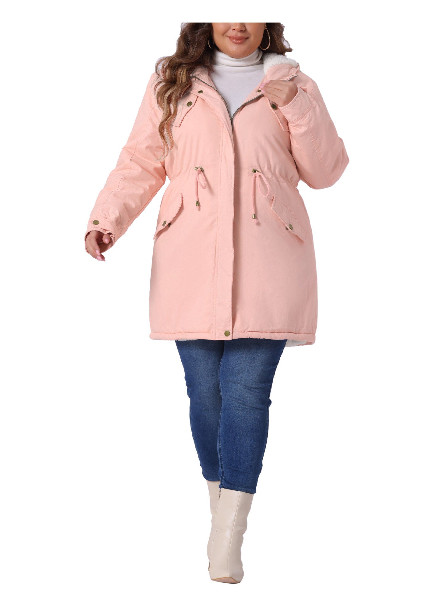 HOODED PARKAS JACKET FAUX FUR LINED LONG ANORAK COAT, Pink / Pink, hi-res image number 0