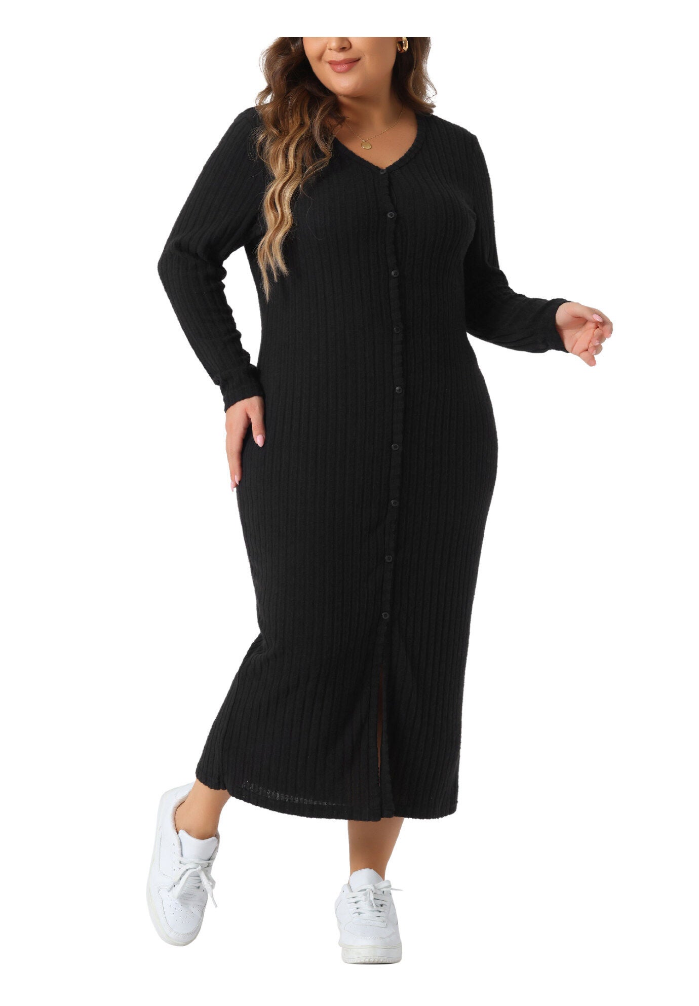 V Neck Long Sleeve Ribbed Knit Button Down Bodycon Dress, Black / Black, alternate image number 1