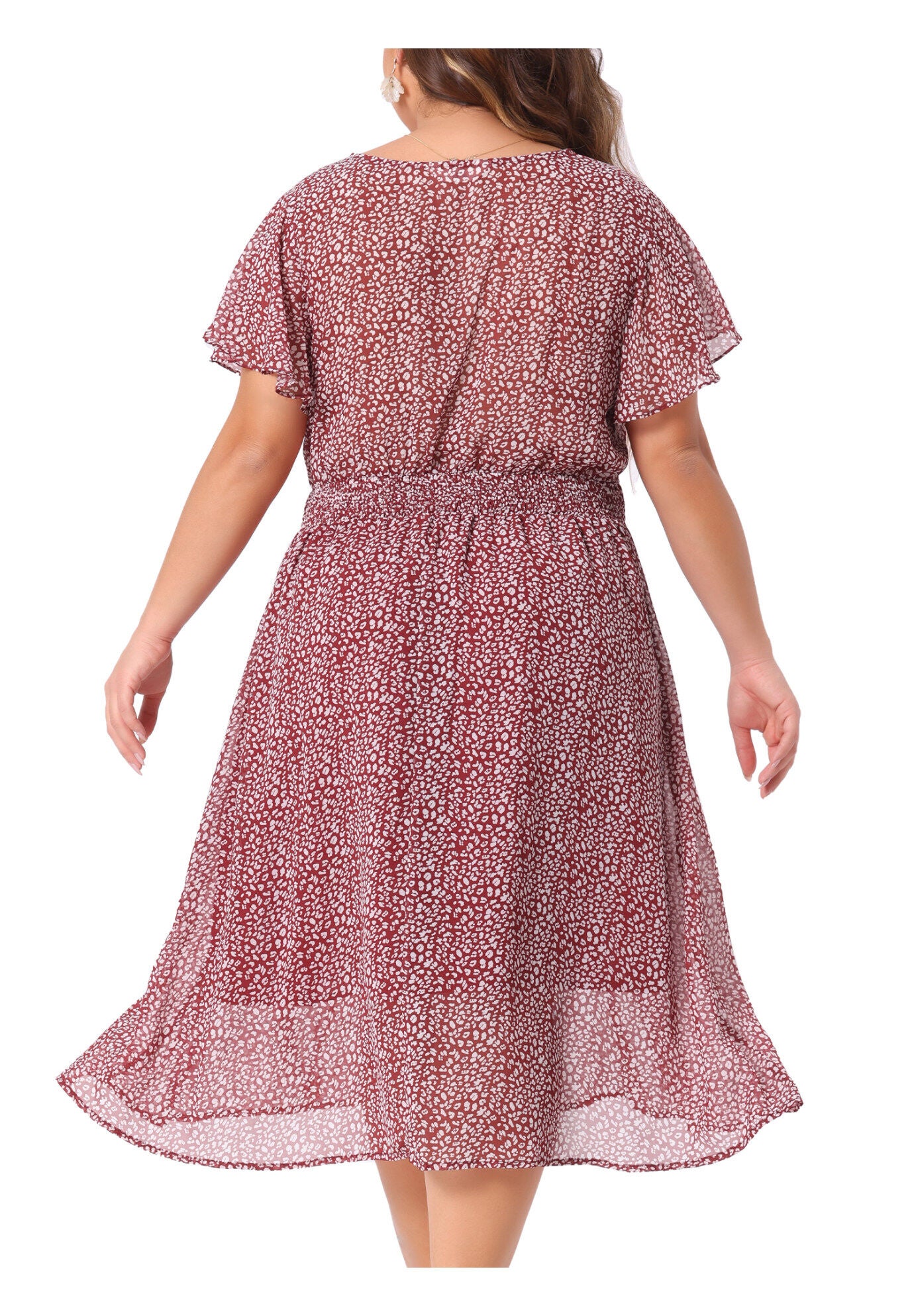 Summer Floral Print V Neck Smocked A-Line Flowy Midi Dress, Burgundy / Red, alternate image number 2