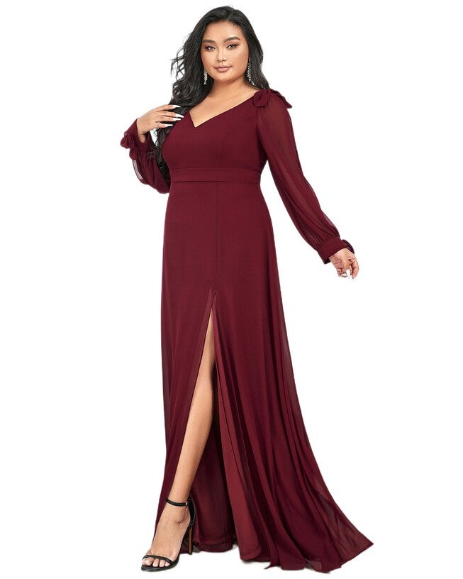 Open Lantern Sleeve A-Line Bridesmaid Dress, Burgundy / Burgundy, alternate image number null