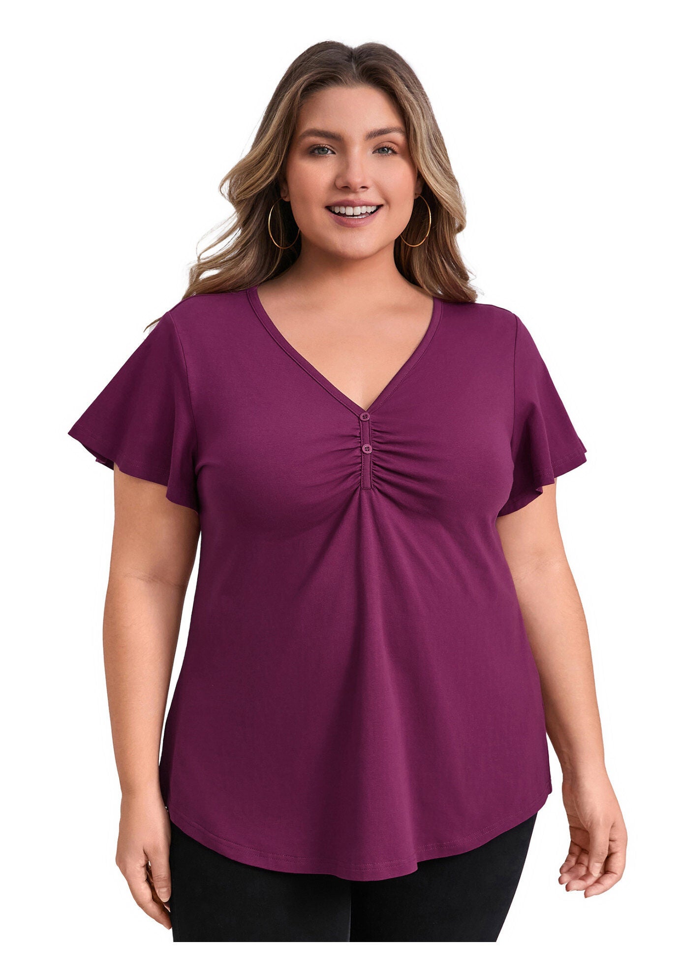 Front Pleated V Neck Flutter Sleeve Button Decor Blouse, Purple / Purple, hi-res image number 0