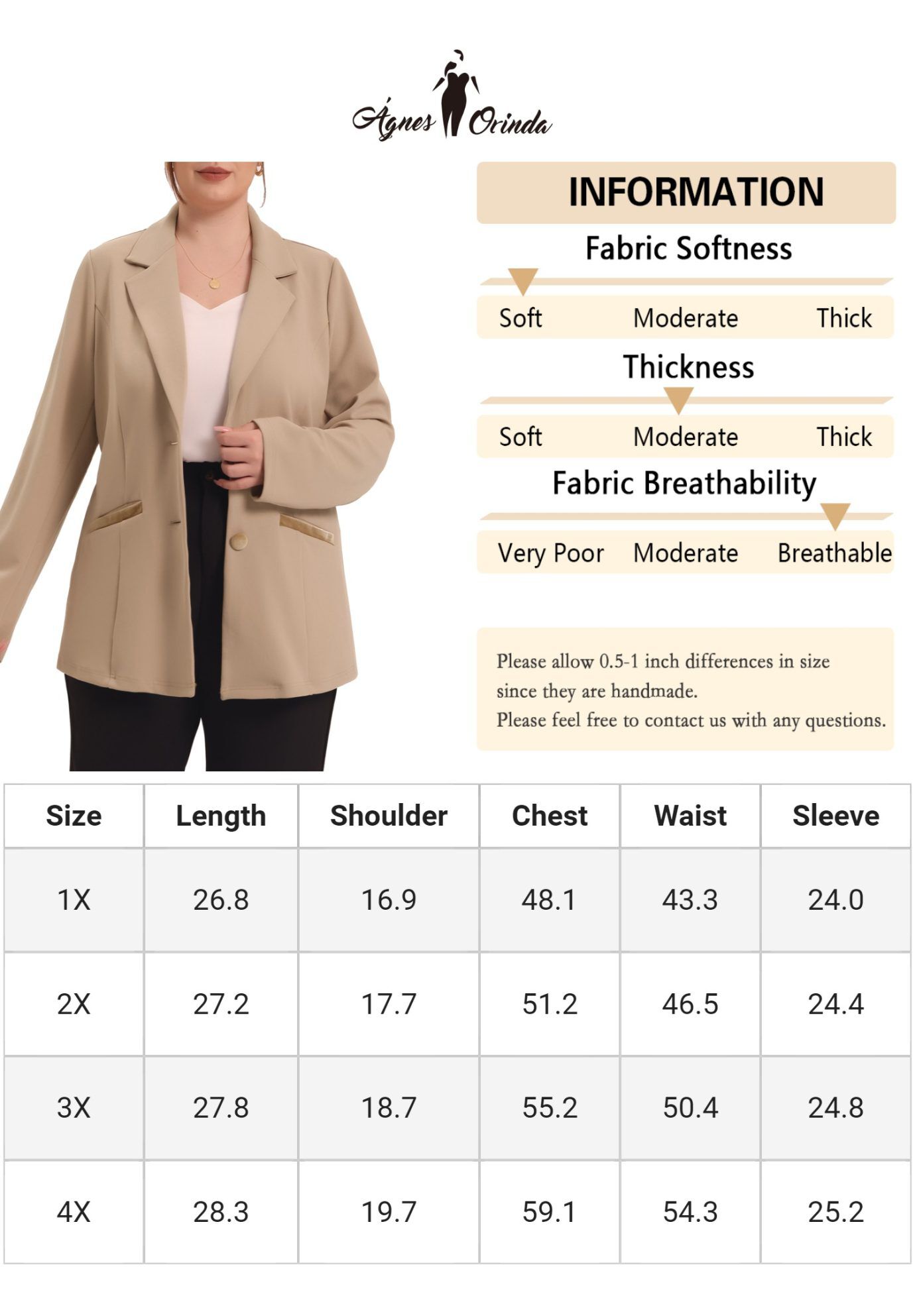NOTCHED LAPEL V NECK WORK SUIT BLAZER, Khaki / Beige, alternate image number 4