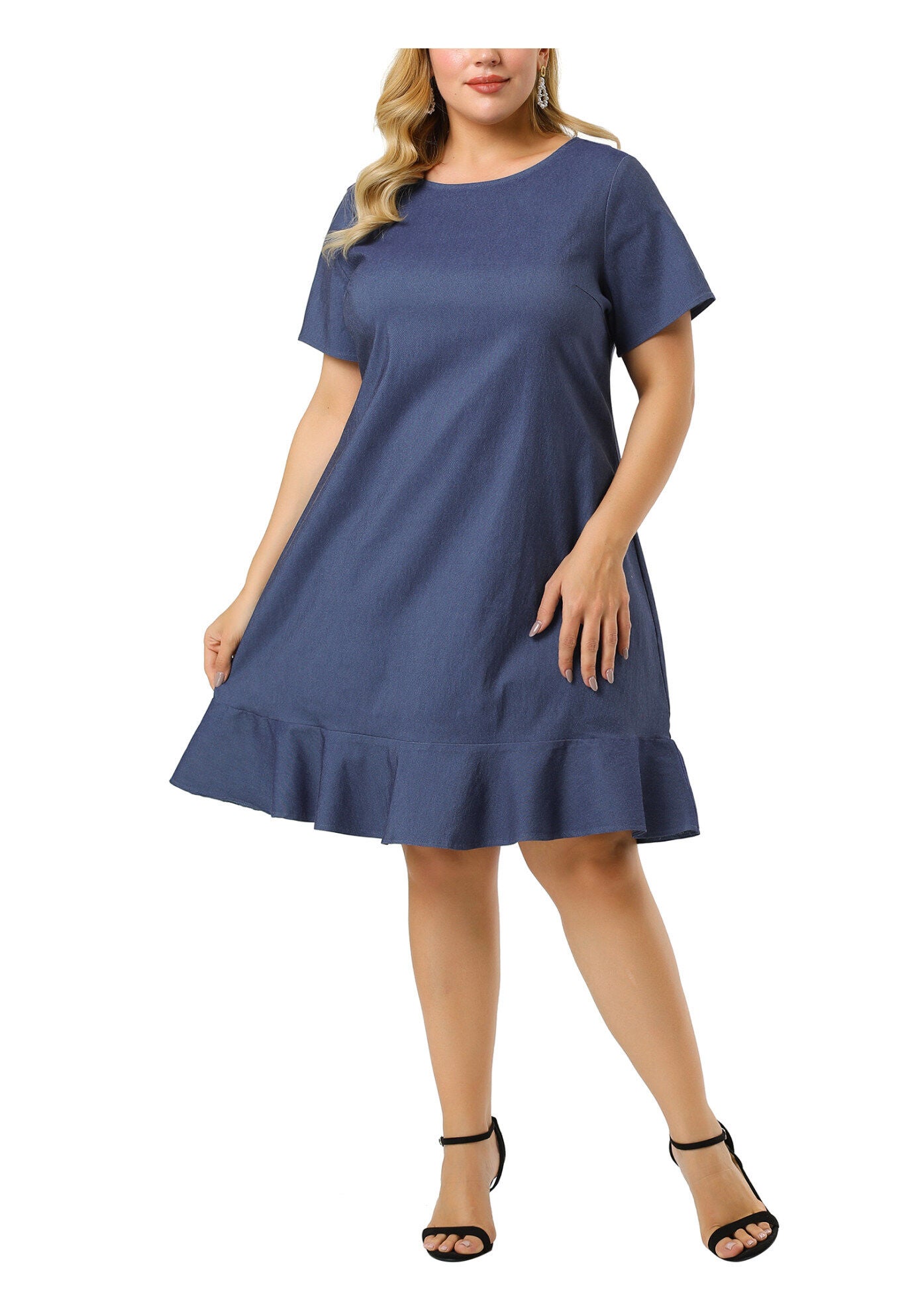Ruffle Hem Casual Short Sleeve Chambray Dress, Blue / Chambray Denim Medium, alternate image number 2