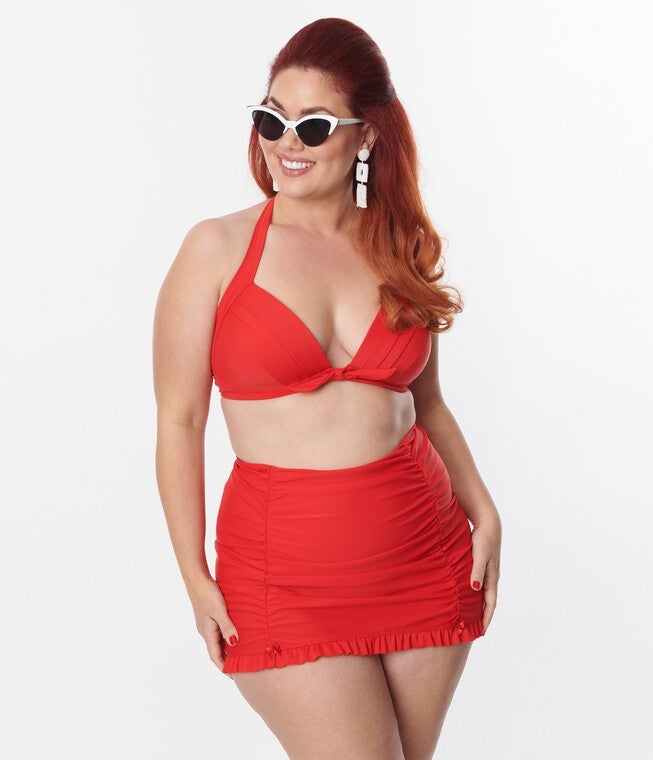 Unique Vintage Red Monroe Halter Swim Top, Red / Red, alternate image number 3