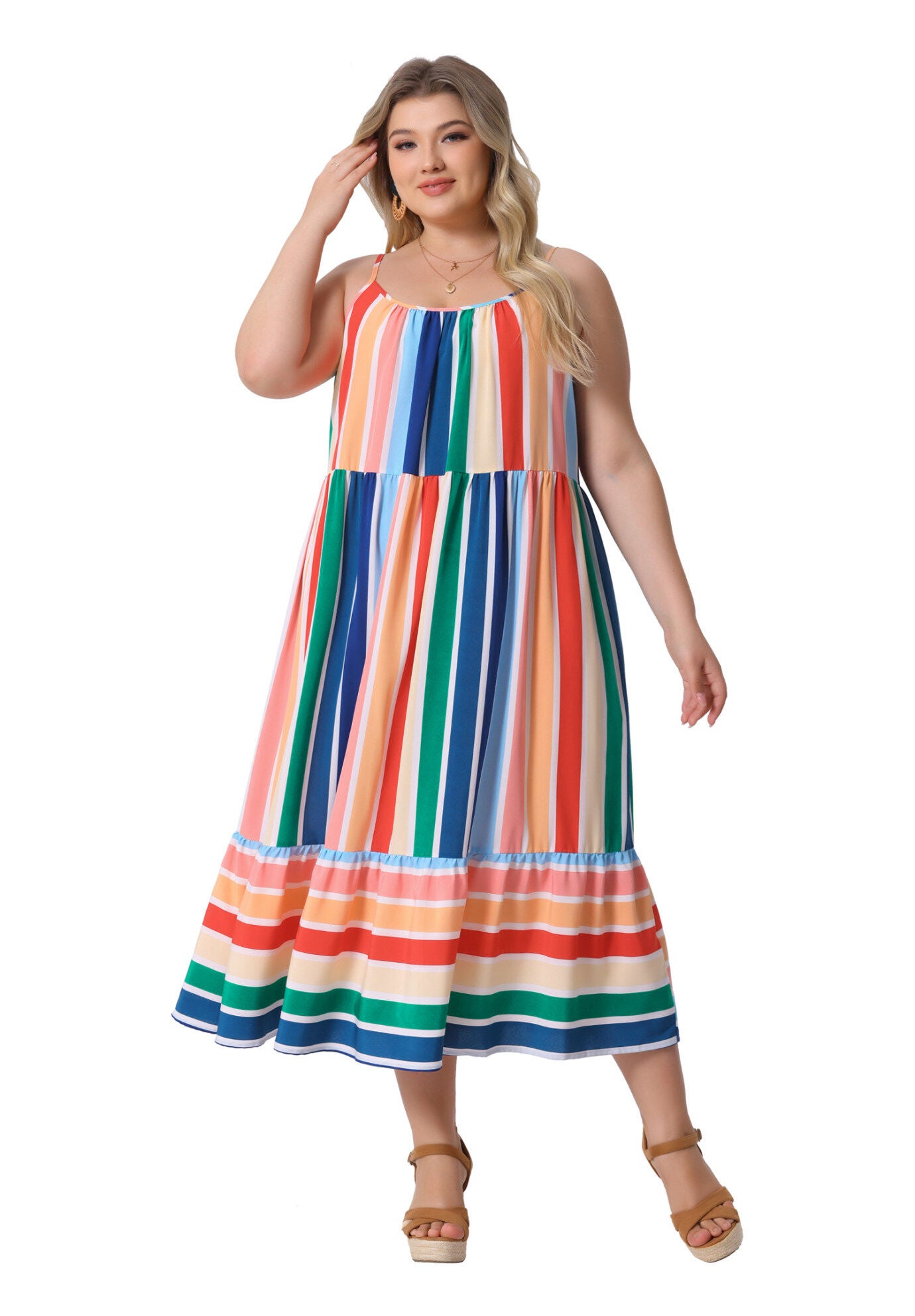 Summer Sleeveless Adjustable Straps Striped Loose Midi Cami Dress, Green Pink / Pink, hi-res image number 0