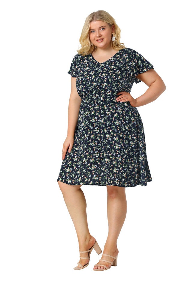Summer V Neck Flare Sleeve Peplum Midi Ruffle Dress, Navy Blue / Navy, alternate image number null