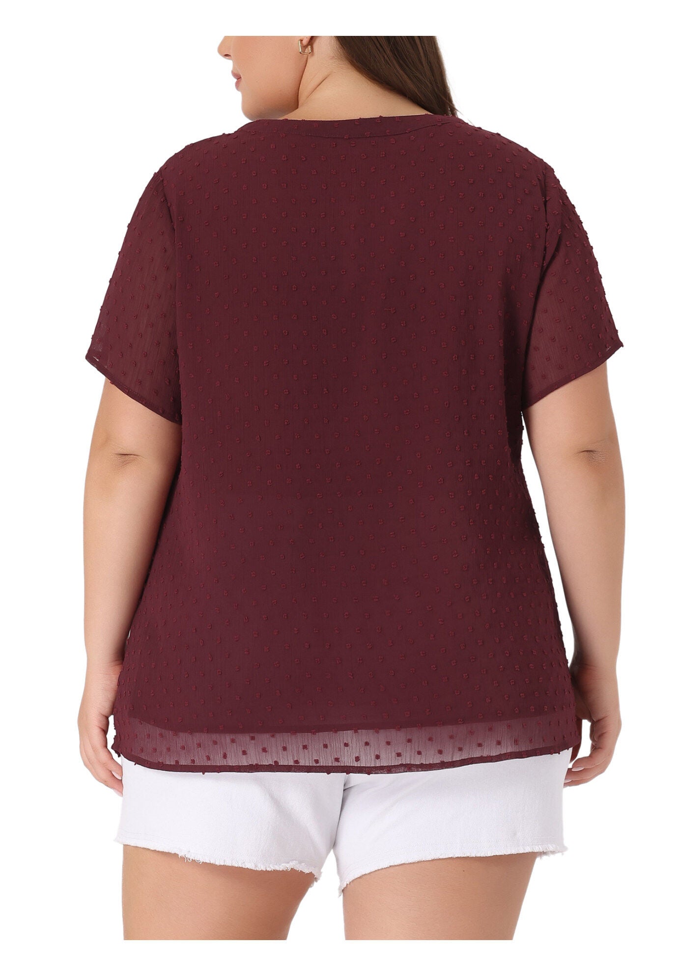 Swiss Dots Notched Neck Short Sleeve Basic Blouse, Burgundy / Burgundy, alternate image number 3
