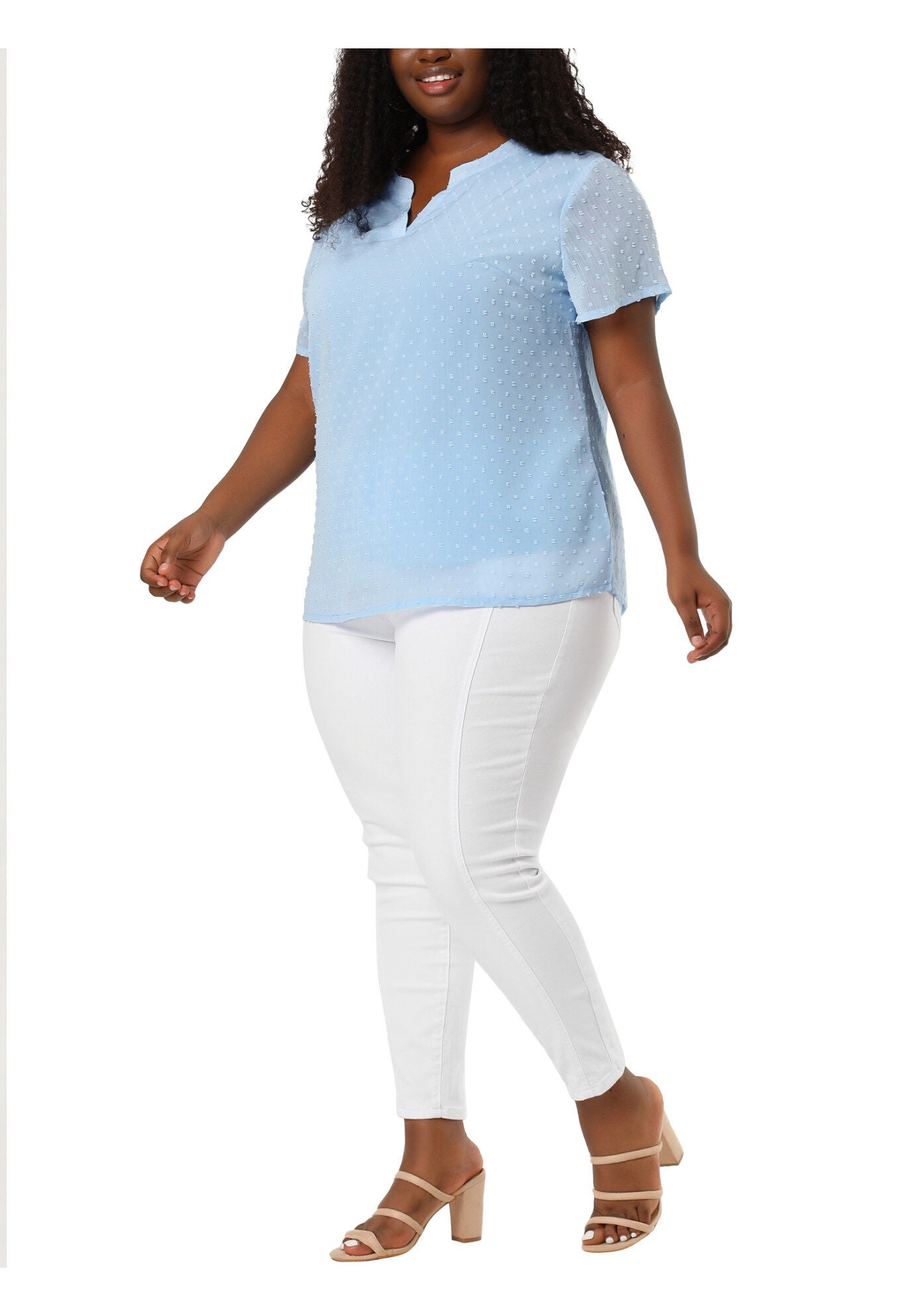 Swiss Dots Notched Neck Short Sleeve Basic Blouse, Blue / Dusty Blue, alternate image number 1