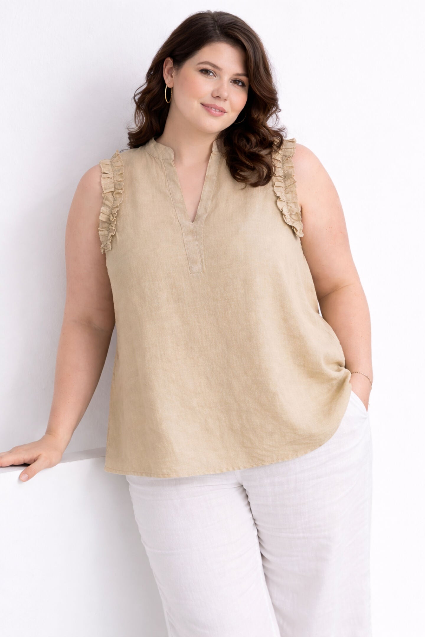 Sleeveless Hemp Top with Ruffles in Neutral Beige, Neutral Beige / Beige, alternate image number 2