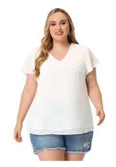 Swiss Dots Blouse V Neck Summer Short Sleeve Casual Top
