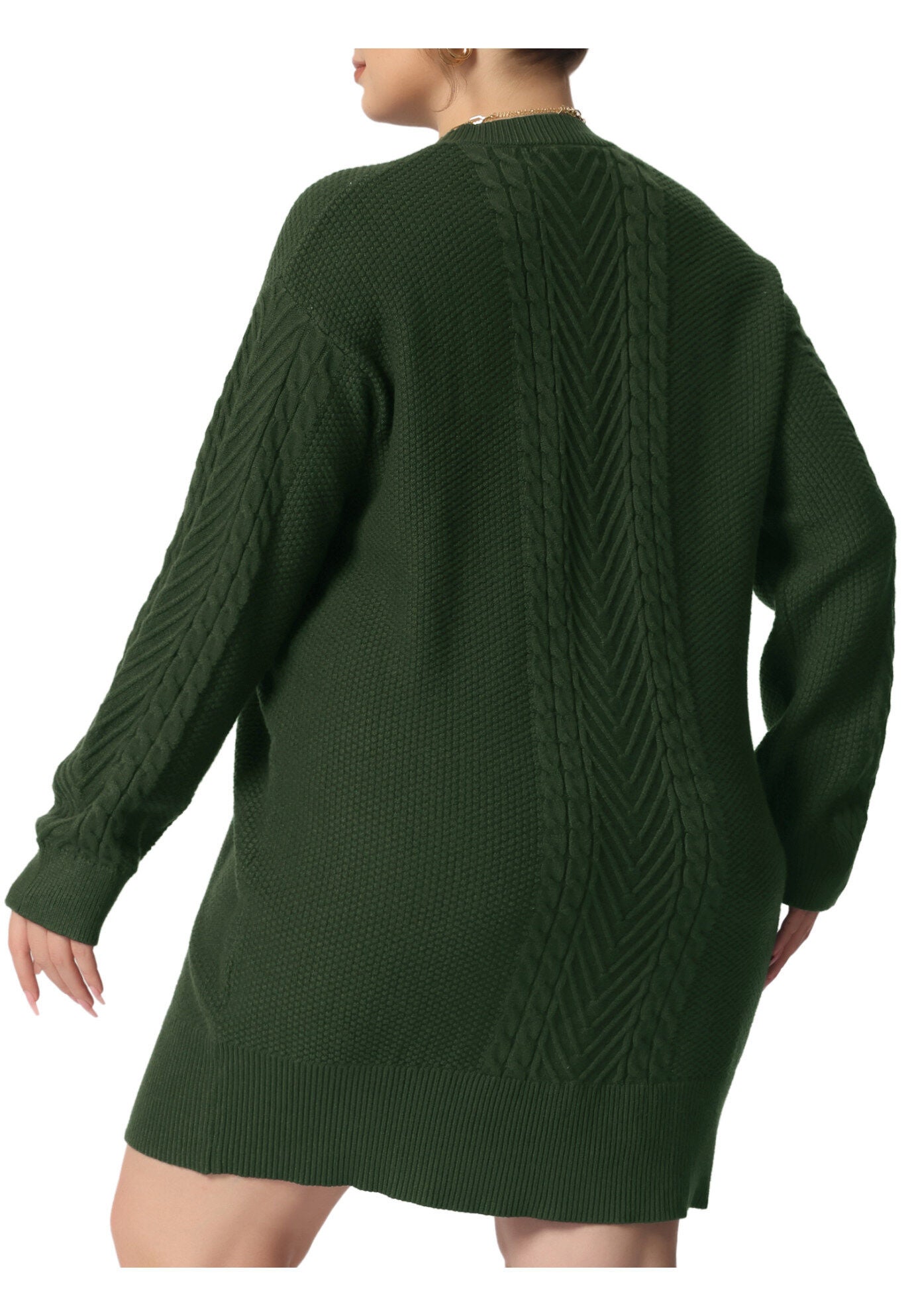 CREWNECK LONG SLEEVE KNIT TUNIC PULLOVER SHORT SWEATER DRESS, Army Green / Olive Green, alternate image number 1